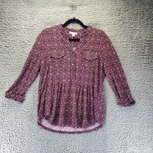 Dressbarn Top Women’s Large Purple Boho Diamond Print Button Front Blouse